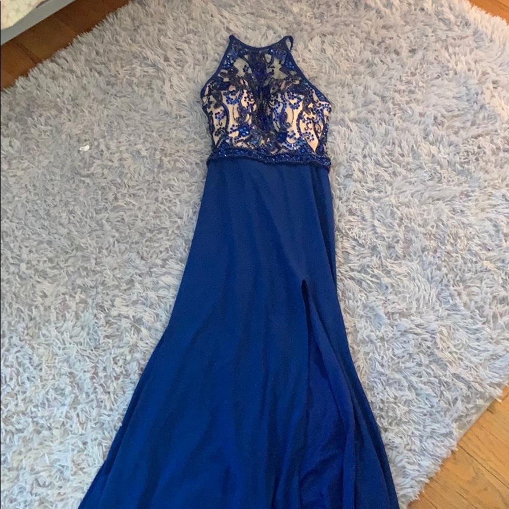 blue long mermaid style beaded prom dress